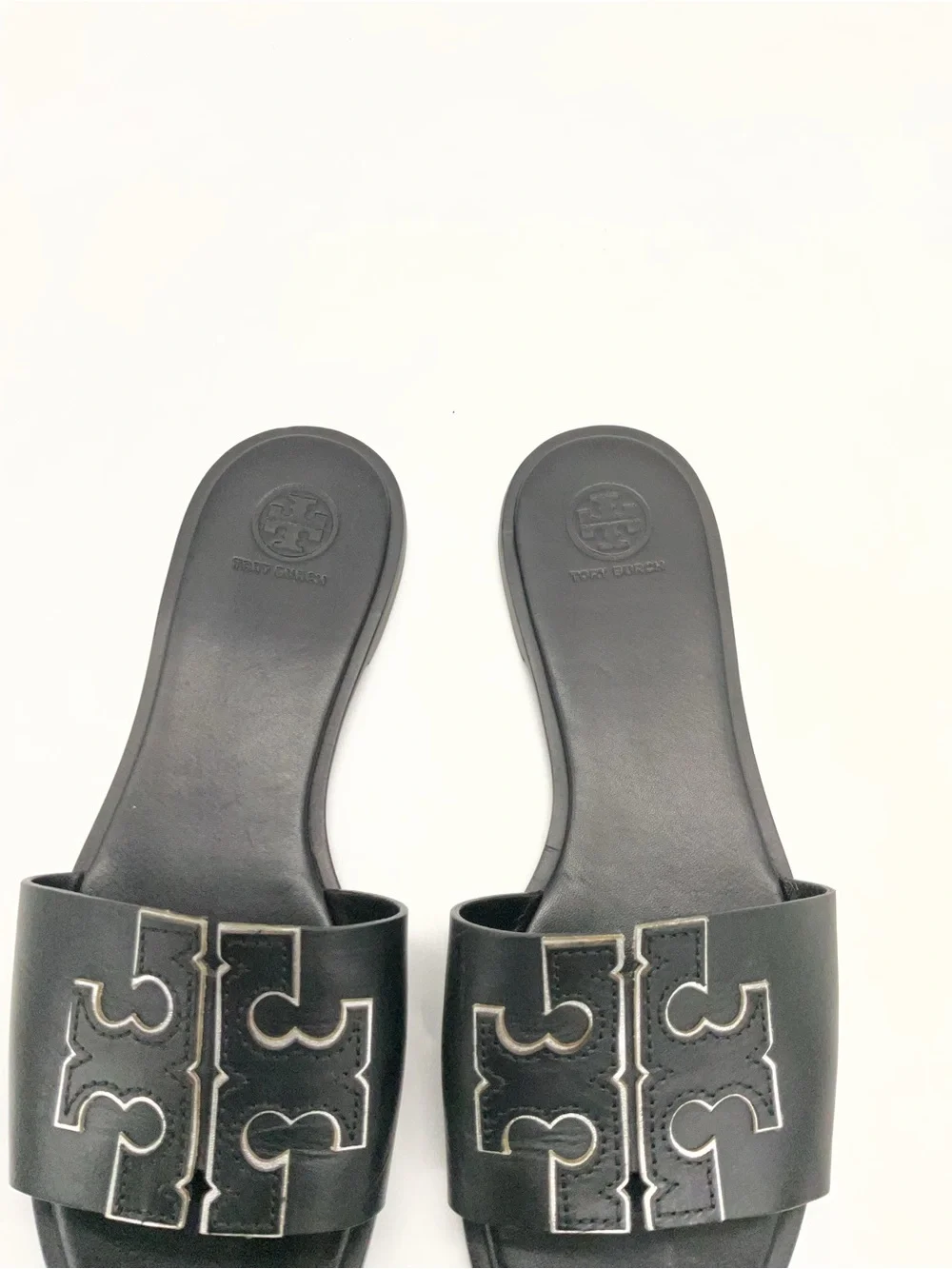 Tory Burch Black Leather Slide Sandals with Contrast Logo